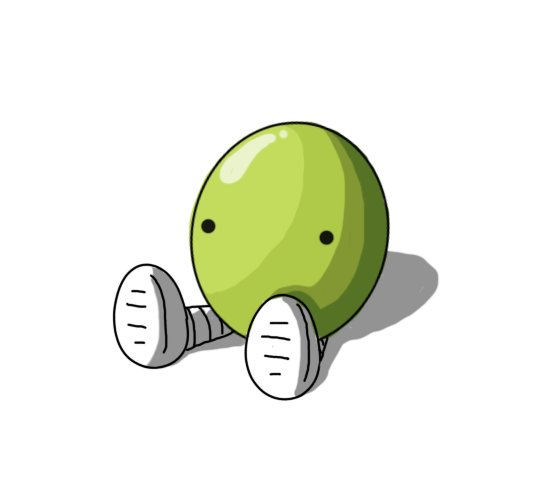 A robot in the form of a green olive. It's sitting on the ground, banded legs splayed in front of it. It has eyes but no mouth.