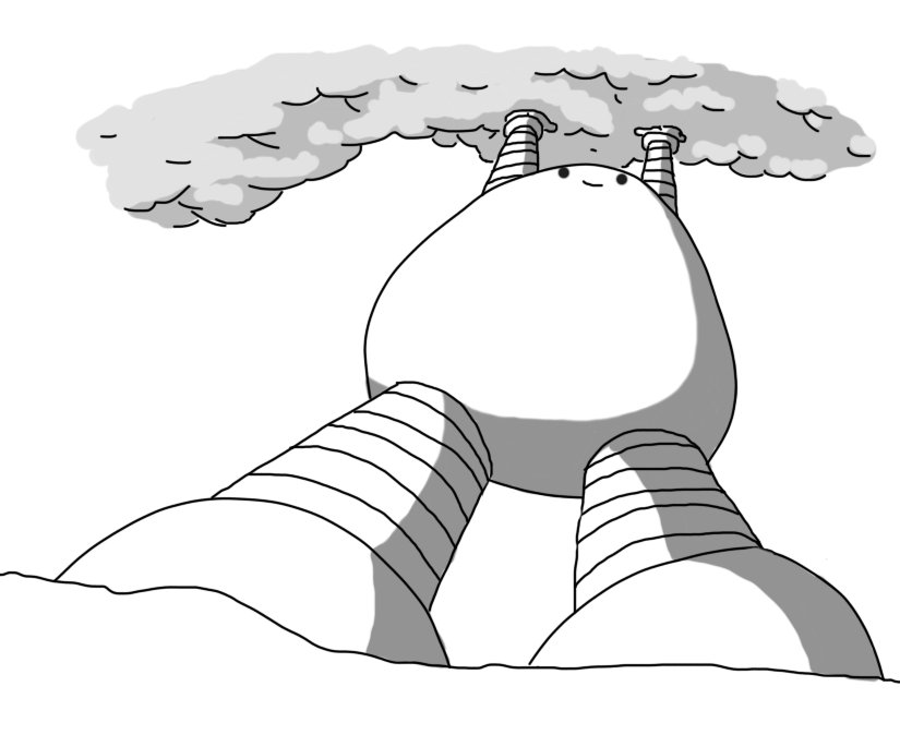 A view from below of a very large, ovoid robot with banded arms and legs. It receeds upwards, tapering due to perspective, and its arms are held up, supporting a mass of clouds. Unlike the mythical titan for which it's named, the robot seems quite happy with it's situation.