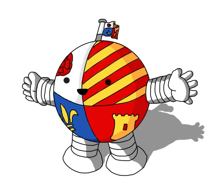 A smiling, spherical robot with banded arms and legs. Its casing is divided into quarters, like a heraldic shield. Clockwise from upper left, its heraldry consists of a red rose on a white field; diagonal yellow and red stripes; a yellow castle tower on a red field; and a yellow fleur-de-lys on a blue field. Its antenna is a little flag pole from which a flag of the same design flies.