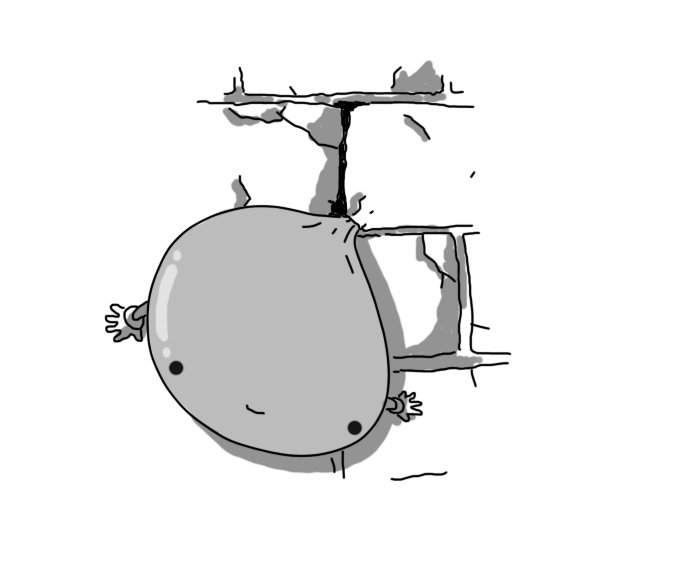 A robot in the form of a gelatinous blob with a smiley face and two little arms. It's squeezing itself through a narrow gap in the mortar of a brick wall, ballooning outwards on the visible side.