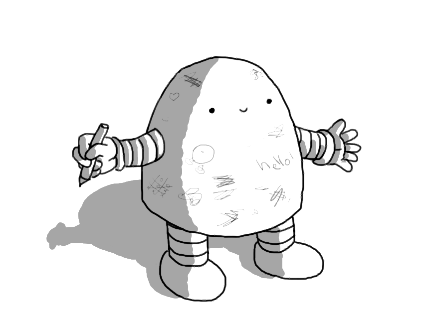 A round-topped robot with banded arms and legs, holding its arms out, with a marker pen in one hand. Its body is covered with scribbles and drawings, including a noughts-and-grosses board, a little heart and what might be Bigbot.