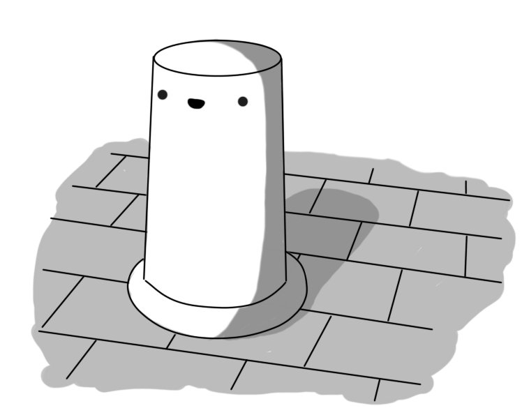 A robot in the form of a tapering cylinder with a smiling face near its top. It's set in a flanged base atop a brickwork surface.