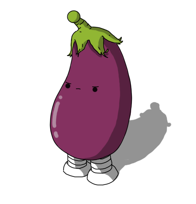 A robot in the form of an aubergine (eggplant) with banded legs on the bottom. Its leafy stalk is shaped like an antenna and has a bobble on the end. The robot's face is about halfway up its body, and it looks annoyed.