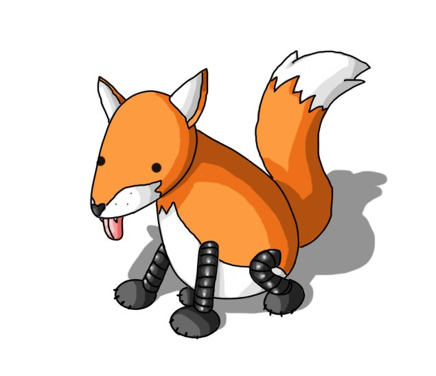 A robot in the form of a red fox. It has a rounded, conical head with large, wedge-shaped ears, a pear-shaped body and a big fluffy tail. Its legs are banded and it is sitting on the ground with its tongue hanging out, little sharp teeth visibly protruding from its muzzle, looking a bit vacant. The robot is mostly orange, with a white underbelly, muzzle and tail tip, while its legs and paws are black. Like all Pupperbot variants, its nose is shaped like a little heart.