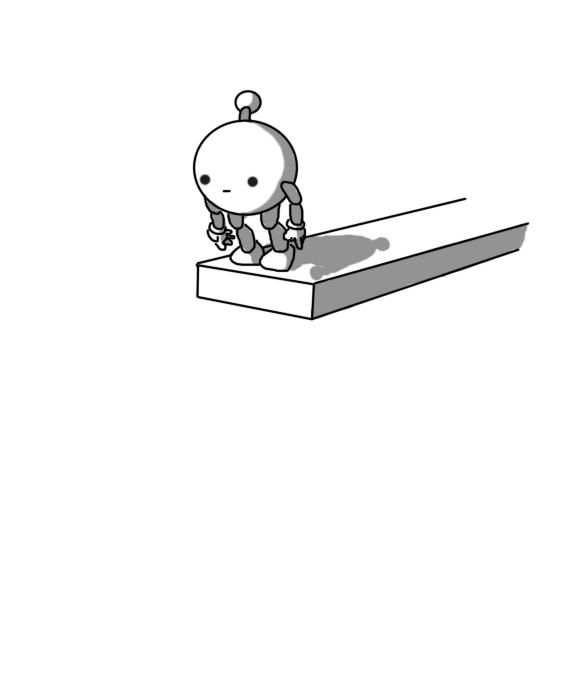 A small, spherical robot with jointed arms and legs and an antenna. It's standing poised on a flat board, raised in the air, looking downwards a little tentatively.