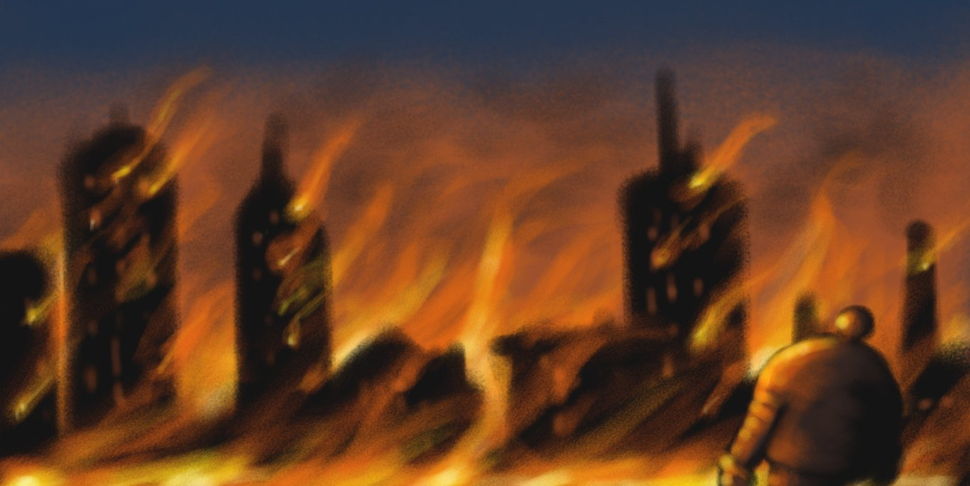 A full-colour, pastel scene, depicting a burning cityscape, with flames licking up the sides of skyscrapers, smoke billowing from broken windows and a dark, glowering sky overhead. In the foreground is a spherical robot with banded arms and legs and an antenna, silhouetted against the flames with orange light reflecting off its surfaces. It's turned away from the viewer, gazing out impassively over the apocalyptic scene.