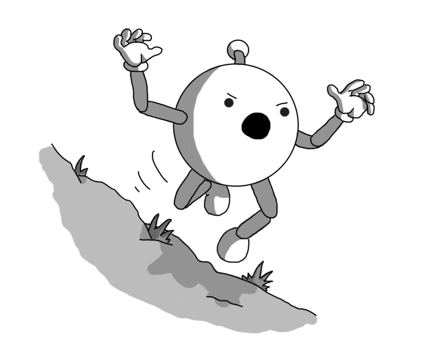 A spherical robot with jointed arms and legs and an antenna. It's leaping out from behind the side of a rock, with some tufts of grass growing out of it. The robot has its arms raised and its mouth wide open, apparently shouting angrily.