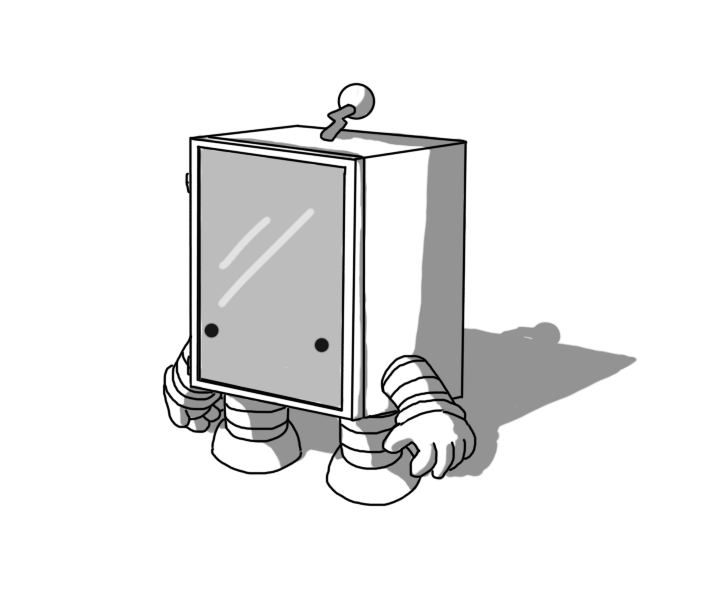 A bathroom medicine cabinet with a mirrored door, except it's a little robot with short banded legs and arms near the bottom of its sides. It has two eyes on the front and a zigzag antenna on top.