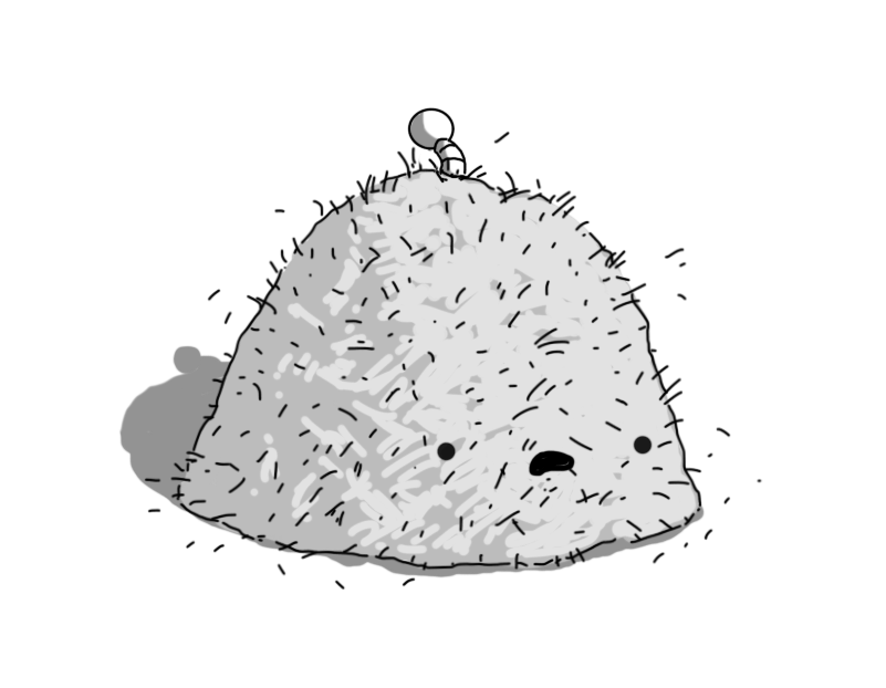 A robot in the form of a big, domed pile of hay. It has a banded antenna on its top and its face - which is near its base - is making an open-mouthed expression of disgruntlement.