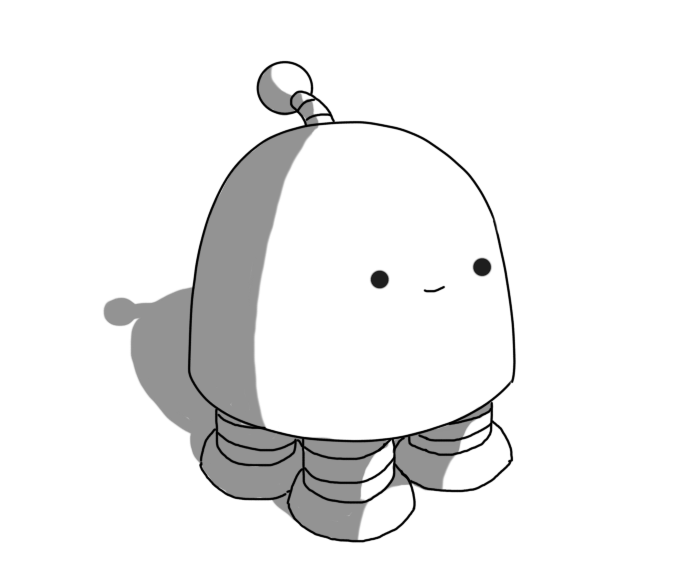 A squat, round-topped robot with four banded legs on its underside and an antenna, smiling faintly.