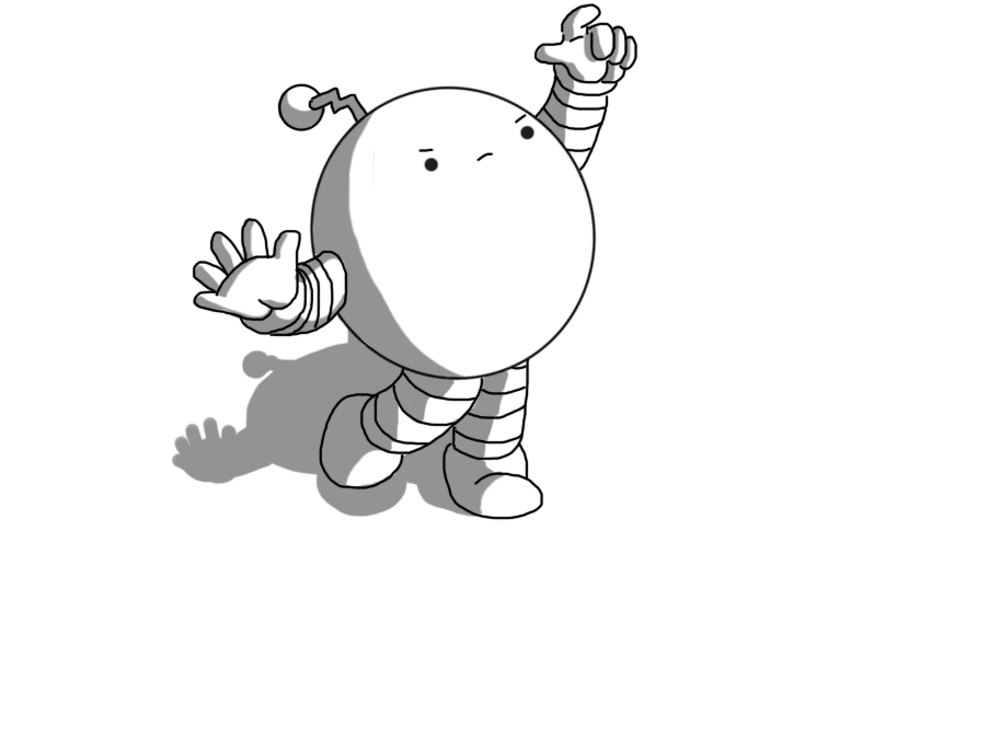 A spherical robot with banded arms and legs and a zigzag antenna. It's reaching up, balanced on one tiptoe, one hand held out for balance, scratching at the very top of the frame and looking annoyed about it.