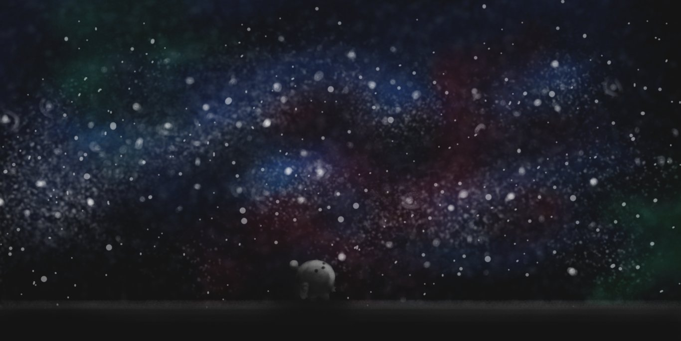 A coloured image, most of which is taken up by a vast starfield, with hazy clouds of various colours threaded through them - most prominently in dark blue, but there is also some red and green in there. At the bottom of the frame is a stretch of dark, flat ground, and a small, spherical robot with arms and legs and an antenna looking upwards in awe, its details picked out in slightly lighter colours.