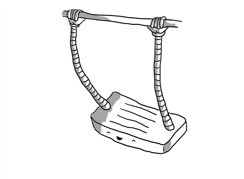 A robot in the form of a flat swing with a beaming face on the front. It has two arms emerging from either end of its upper surface, ending in hands that are gripping a horizontal beam of some kind that is above it.