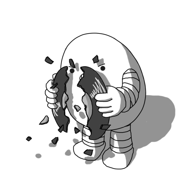 An ovoid robot with banded arms and legs, angrily snapping a vinyl record in half, sending little pieces flying everywhere.