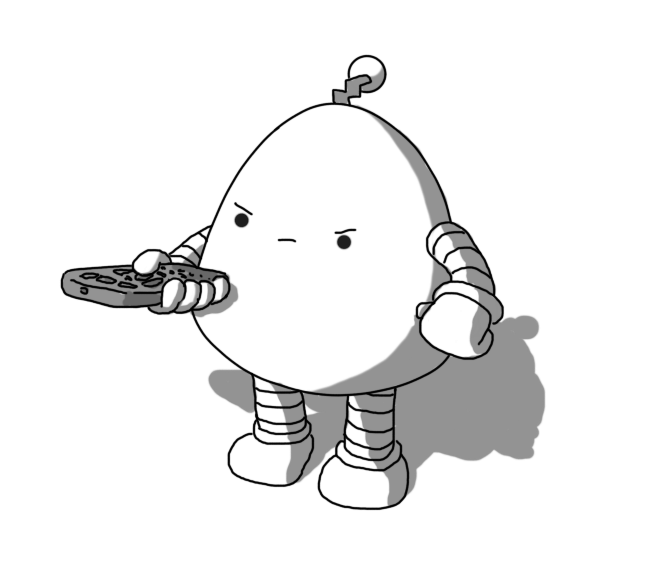 A robot shaped like a rounded triangle with banded arms and legs and a zigzag antenna, angrily pointing a remote control while its other hand rests on its hip.