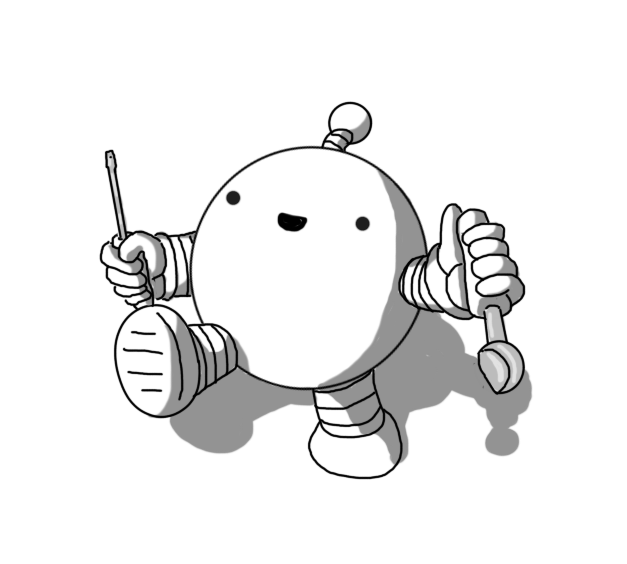 A round robot with banded arms and legs and an antenna, walking forward with a bit cheery smile on its face, holding a screwdriver in one hand and a melon baller in the other.