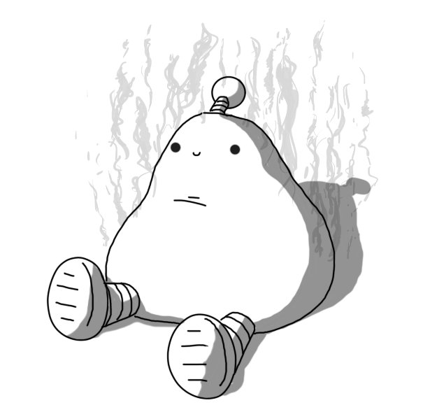 A squishy-looking, slightly lumpy, pear-shaped robot sitting on the ground, banded legs splayed before it. It has a smiling face near its top and an antenna. Curling tendrils of pale steam rise from it.