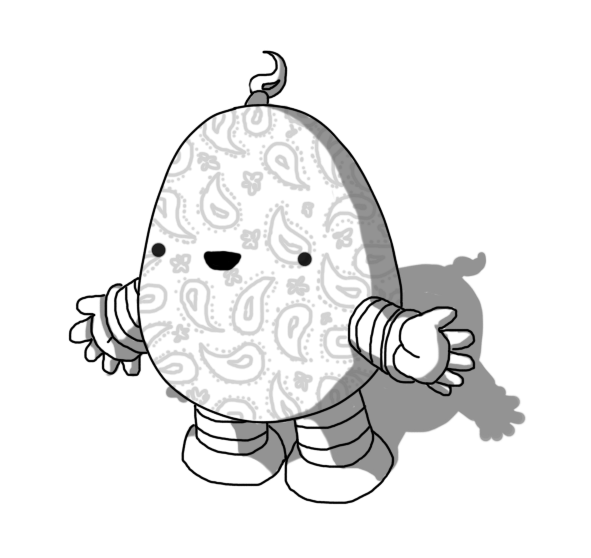 An ovoid robot with banded arms and legs. It's happily smiling, holding out its arms, and its body is covered in paisley patterning - a textile design of Indian origin which features distinctive curving teardrop shapes. Its antenna is a teardrop shape of similar design.