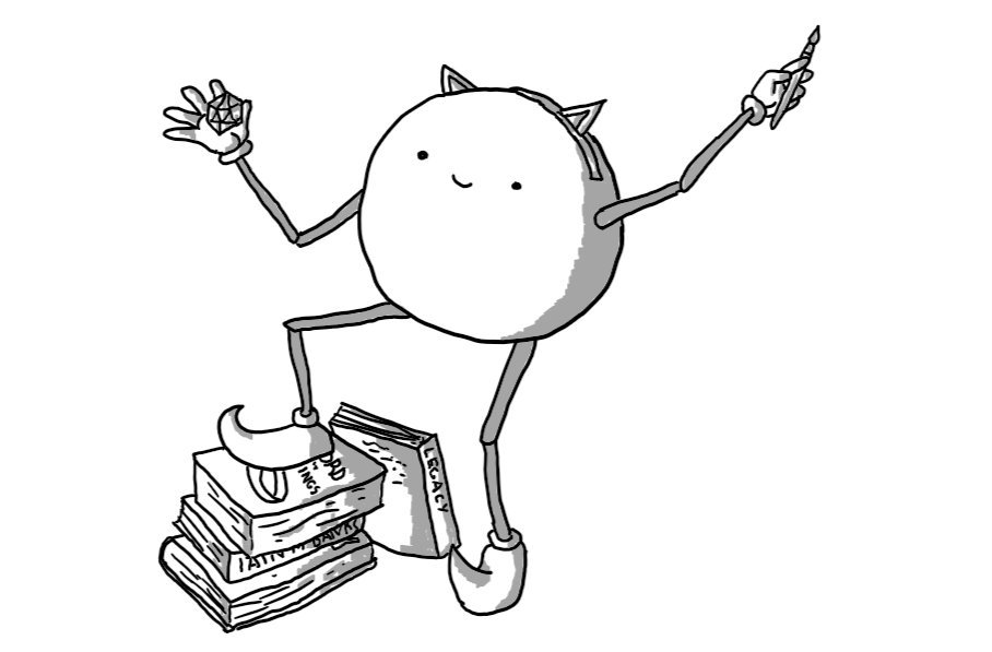 A spherical robot with jointed arms and legs, holding a miniature paintbrush in one hand and a 20-sided dice in the other. It's wearing a headband with little anime cat ears and boots with curved toes. One foot is propped on a stack of sci-fi and fantasy books.