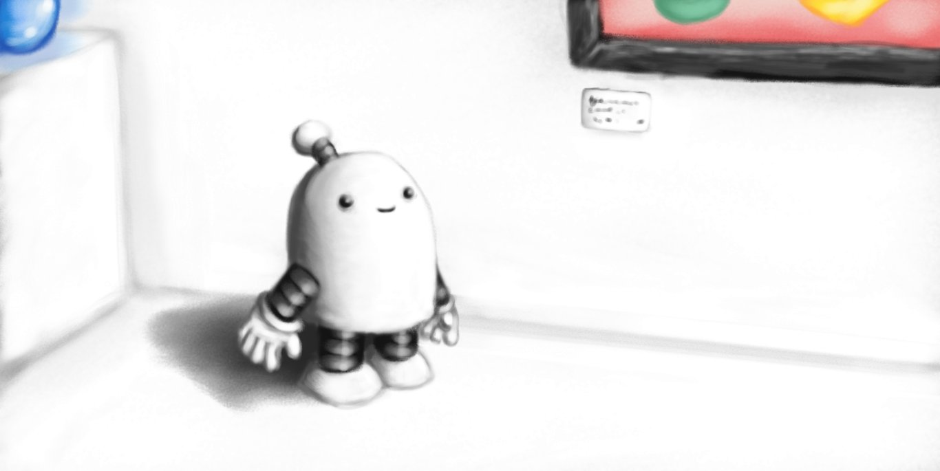 A full colour, 'art style' picture of a white robot with a rounded top, banded arms and legs and an antenna, standing in an entirely white section of an art gallery, looking up and smiling at the bottom edge of a vibrantly-painted framed picture that is pink with green and yellow shapes visible. There's a label underneath the picture with illegible text on it, and behind the robot is a white pedestal standing slightly away from the wall, with some sort of blue glass or ceramic object on it.