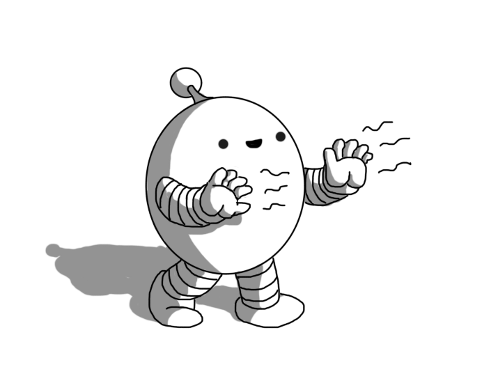 An ovoid robot with banded arms and legs and an antenna. It's walking along, its hands outstretched, smiling guilelessly as some sort of energy waves emanate from its palms.