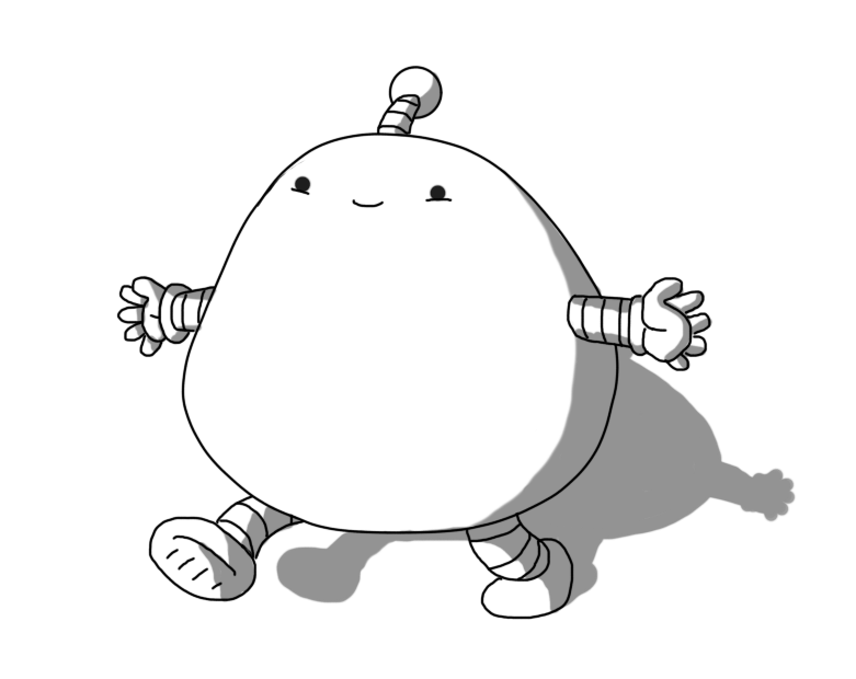 A robot with a large, irregularly-shaped body, banded arms and legs and an antenna. It's walking along, hands held out, smiling happily.