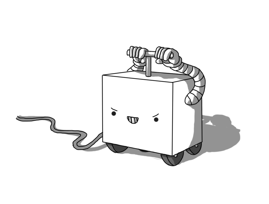 A squat, cuboid robot with four wheels on its underside and a T-handle on the top, like a cartoon blasting machine. It has two banded arms, reaching up and holding its handle, and a wire trailing off from one of its sides. It's grinning malevolently, obviously relishing its task.