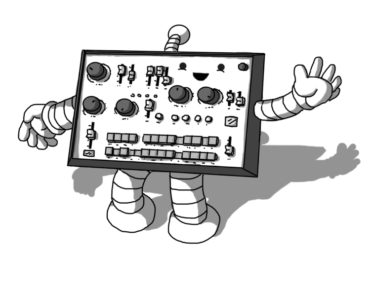 A robot in the form of a small mixing desk, with banded arms and legs and an antenna. The robot is essentially a flat rectangle with beveled edges, with its front surface covered in a vast and confusing array of knobs, dials, buttons and slide switches. The robot's face is in the top right corner, smiling cheerfully as it waves.