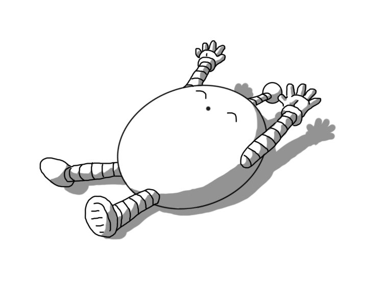 An ovoid robot with narrow banded arms and legs and an antenna, lying on the ground. It's stretching all four limbs and its antenna as far as they'll go, splaying its fingers, closing its eyes and making a little 'o' with its mouth.