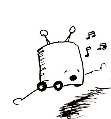 A small, blocky robot with two antennae and four wheels perched on a pillow, gently singing.