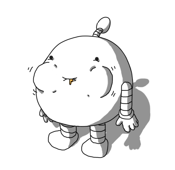 A round robot with banded arms and legs and an antenna with an egg-shaped bobble. The robot's cheeks are bulging widely and in motion as it whisks the egg, some of which is visible dribbling from its smiling mouth.
