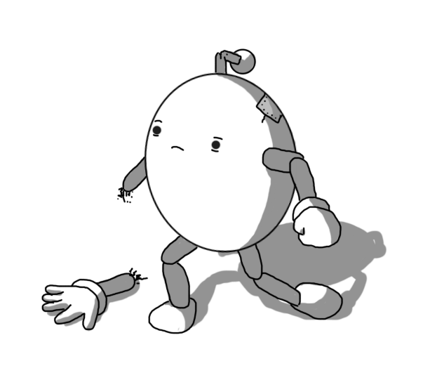 An ovoid robot with jointed arms and legs and an antenna. One of its feet is dragging, and the lower section of one of its arms has fallen off, exposing sparking workings at the ends of each section. The robot's antenna is also bent in half and it has a crack near its top that has been patched up with a piece of metal. The robot looks sad and has bags under its eyes.