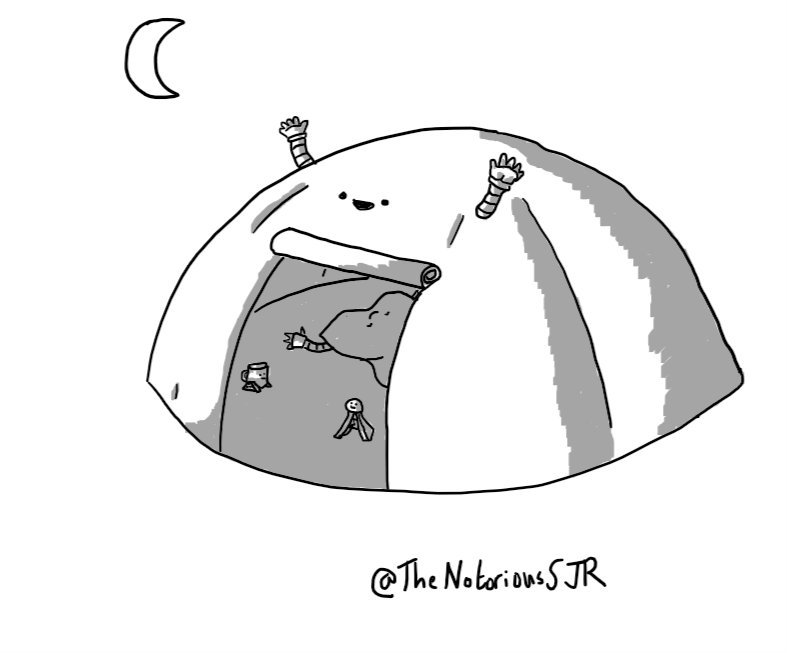 A robot in the form of a dome-shaped tent with a little smiling face above the rolled-up door and small waving arms on either side. Visible through the entrance are Warmbot, Signalbot and Teabot, scattered over the integrated ground sheet. A crescent moon hangs over the scene.