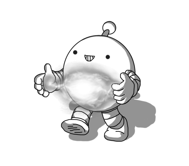 A spherical robot with banded arms and legs and an antenna. It's walking forward, holding its hands apart and grinning a little disturbingly as it holds a roiling ball of sparking, glowing, electricity, suspended between its palms.