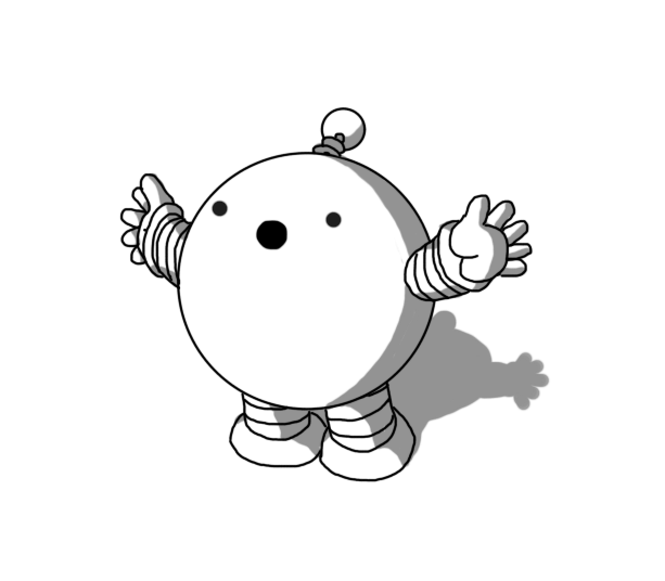 A spherical robot with banded arms and legs and a coiled antenna. It's leaning forward slightly, its arms outstretched, shouting or possible making what looks like a shocked face.