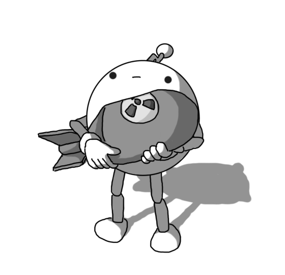 A spherical robot with jointed arms and legs and a zigzag antenna. The robot is carrying am unwieldy, cartoon-style nuclear bomb in both arms, looking rather unsure of itself.