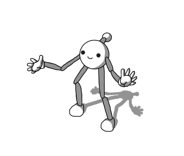 A robot with a small, spherical body, jointed arms and legs and an antenna. The robot's body is so small that its limbs look really long and spindly, but it seems pretty happy about its situation anyway.
