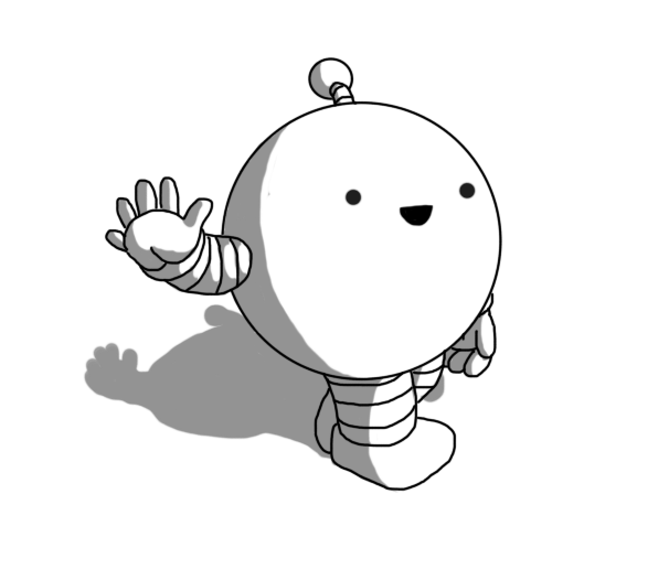 A spherical robot with banded arms and legs and an antenna. It's walking along, casually smiling and waving as it passes.