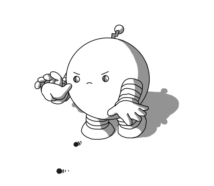 A spherical robot with banded arms and legs and a zigzag antenna. It's stumbling forward, hands extended with a frown on its face. Its eyes are on the ground, rolling away from it, and it has shallow little cavities in its face where its eyes would go.