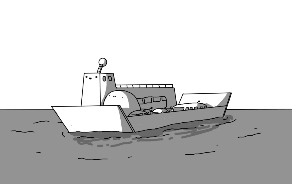 A robot in the form of a wide, flat boat, floating on the sea. The robot has raised ramps at either end of its hull, and a raised cabin section on its far side. A short tower section with a couple of windows on the side houses the robot's smiling face and has a banded antenna on the top. The cabin has an arched, open section with windows looking out to the ferry's exterior, and some railings along the top. On the deck, visible behind raised gunwales, are a number of Carbots, a Busbot, and a Bigbot sitting near the front, smiling happily.