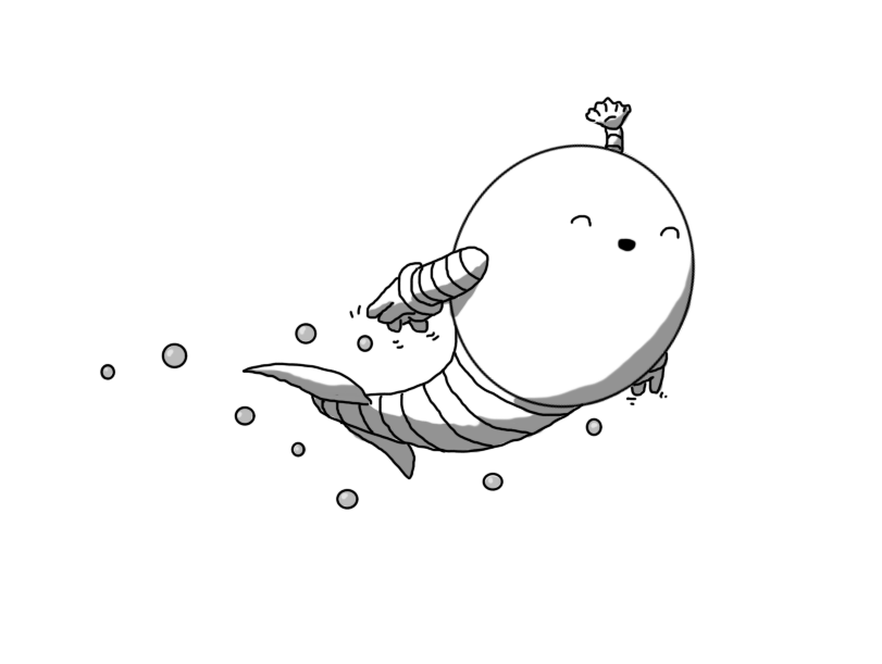 An ovoid robot with a long, thick banded tail with a lateral fluke at the end. It has banded arms and an antenna with a little scallop shell on the end. It's swimming along, arms held out behind it, waggling its fingers and leaving a trail of bubbles in its wake as it smiles joyously with its eyes closed.