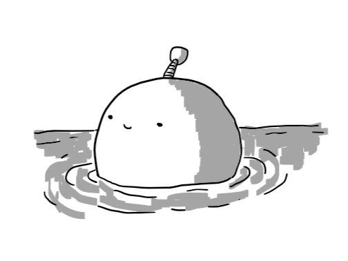 A spherical robot with a little antenna, happily floating in some water.