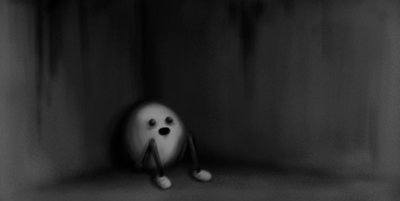 A dark, mouldering corner of a room where an ovoid robot with jointed legs sits. It's eyes are wide, black and staring with dark shadows beneath them, and its mouth is open. It doesn't look angry or anything, but it doesn't look *happy*.