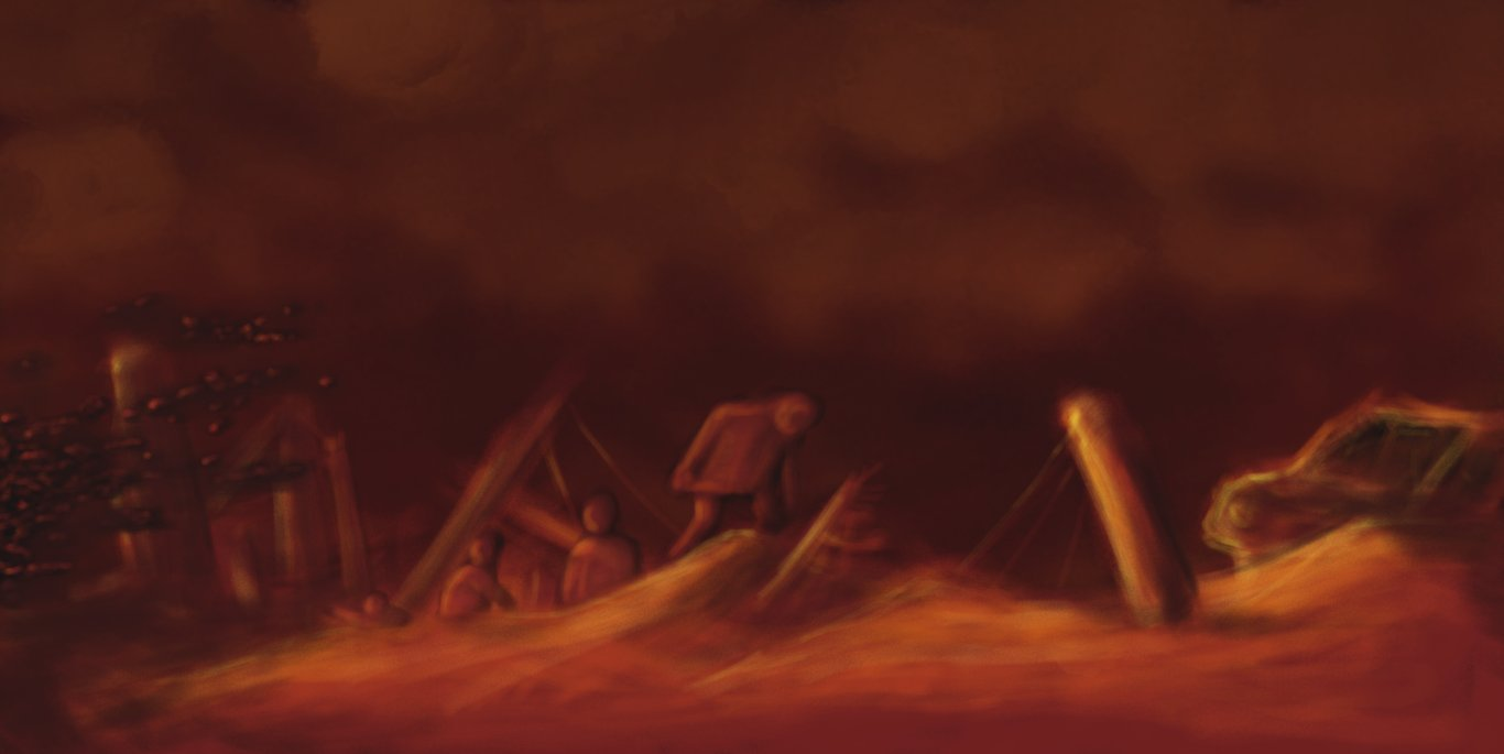 A full-colour painted style image depicting a ruinous landscape heaped in mounds of ash or debris. The skeletons of buildings, cars and other infrastructure protrude from the heaps beneath a roiling orange sky that casts everything in deep, fiery shades. A line of four stooped humanoid forms clambers laboriously through the wastes as the last in the row turns to point at something on the edge of the frame: a vast, amorphous swarm of dark objects, floating in a great cloud through the air around the remains of a skyscraper in the distance, heading for the survivors.