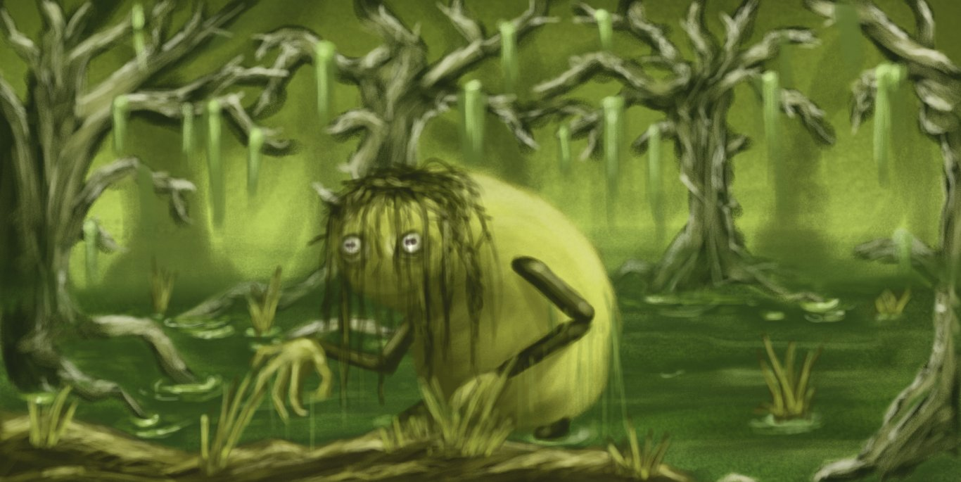 A full-colour, painted style scene depicting a misty, greenish swamp surrounded by gnarled, moss-hung trees. Emerging from the water is a bent, shapeless robot with jointed arms and legs. Its fingers are long claws and it has dark, tangled hair hanging down across its face, which only has eyes: they're pale, reflective orbs with amphibian-like irises, staring blankly out.