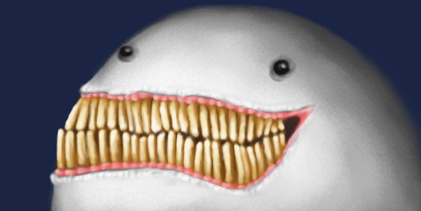 A round robot with an enormous, rictus grin. It has wrinkled, prominent lips, visible pink gums and far too many teeth. Each tooth is elongated and off-white, fading to brown at the roots, and they are at slightly odd angles, clustered together and overlapping. The robot's eyes are reflective and hollow.