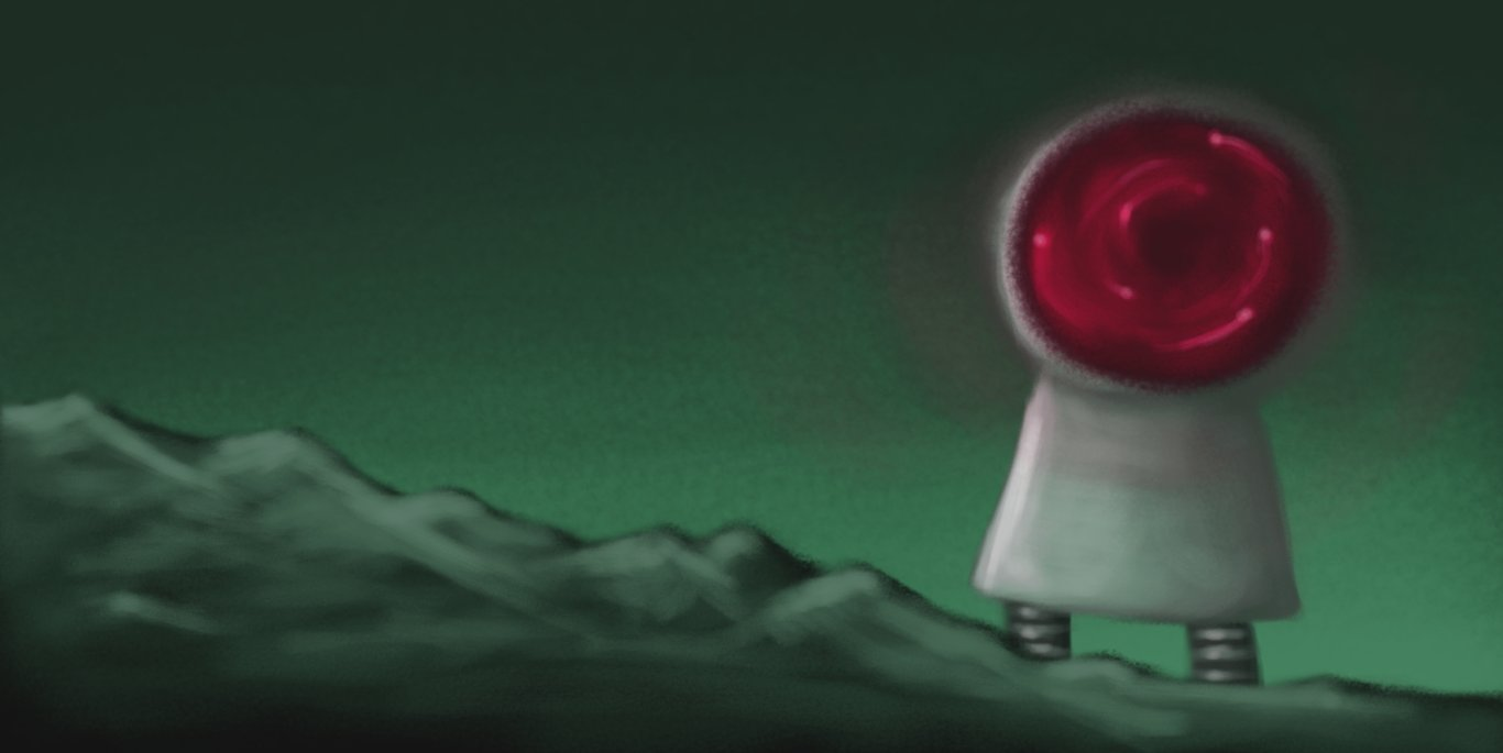 A full-colour, painted style image depicting a craggy wasteland at a slight angle, beneath a strange, drab green sky. Towering on one side of the scene is a robot with a tapering torso section and banded legs. Its head is spherical and is dominated by what appears to be a circular aperture, inside of which is a dark, pink vortex that contains spiraling lights and is giving off a faint miasma.
