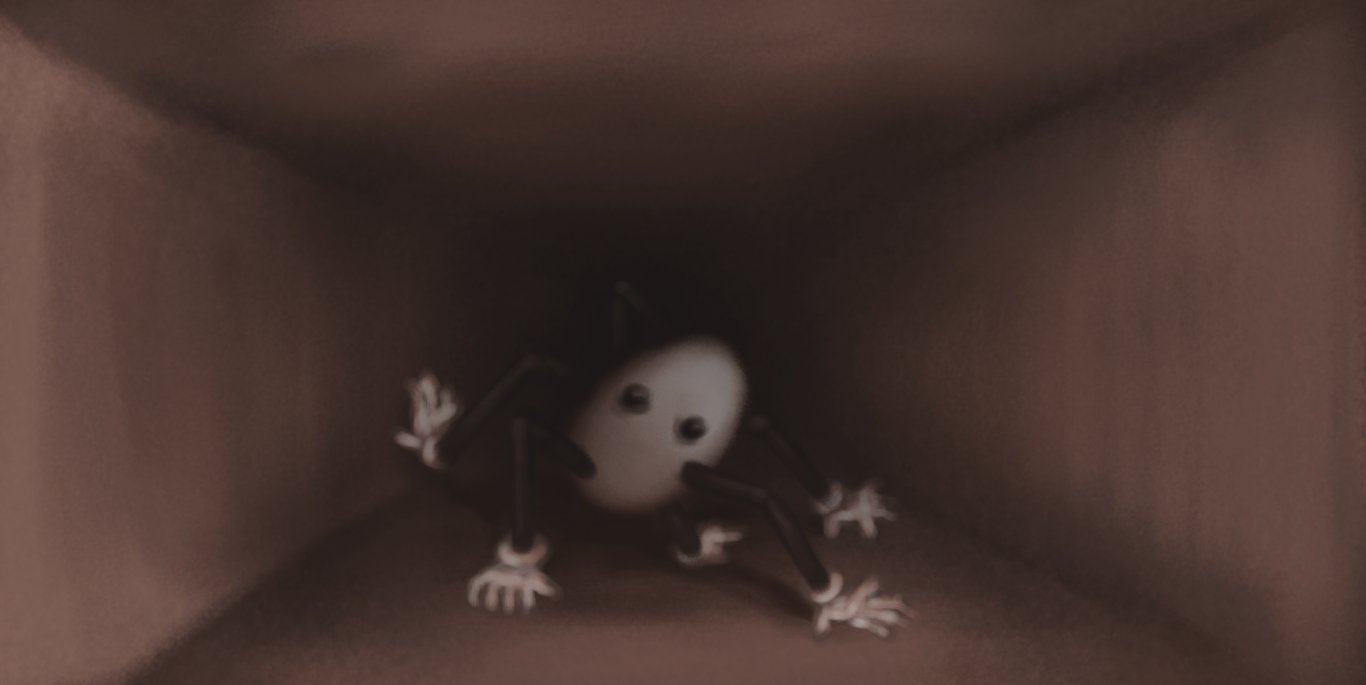 An image of a corridor extending away from the frame, fading into shadow. Partway along is an ovoid robot with six jointed limbs, arrayed more or less at random about its body, each ending in a hand. The robot is slightly tilted, has no mouth, and is moving along on its limbs, pawing at the ground and walls. The whole scene is coloured in sepia tones.