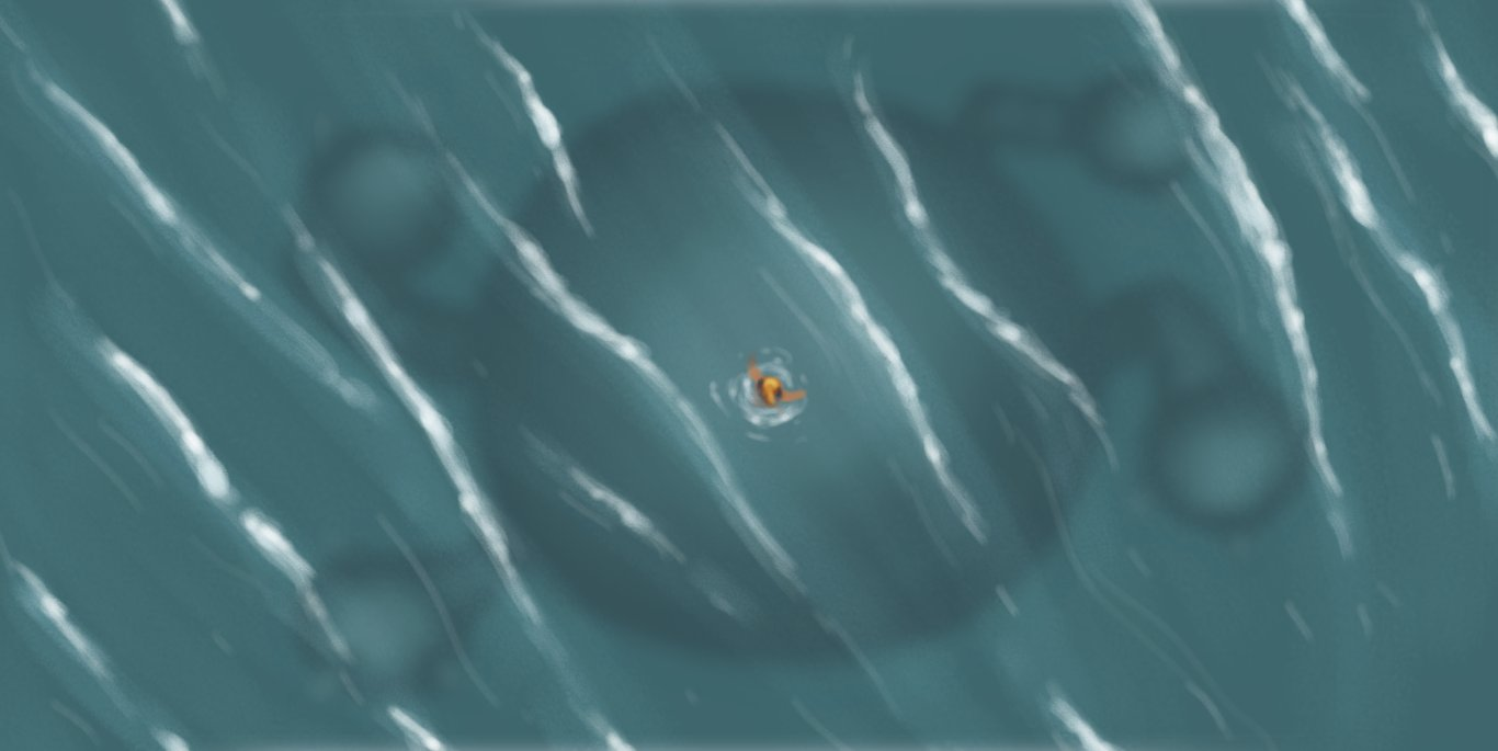 A full-colour, painted style picture depicting an aerial view of an expanse of teal water, streaked with the pale crests of waves. A tiny person is treading water in the centre and, below them, the hazy silhouette of an enormous, spherical robot with four banded limbs ending in clawed hands is rising up.