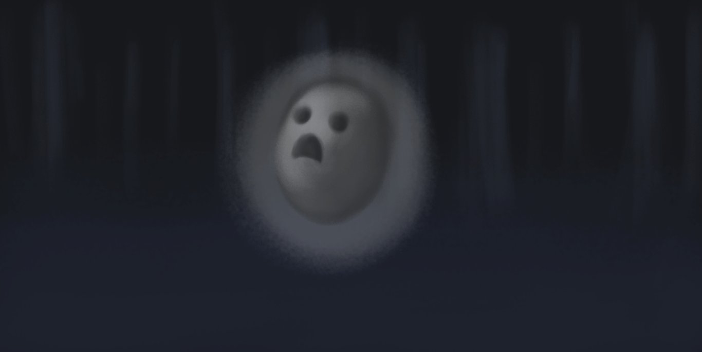 A full-colour image of a dark, vague, misty forest scene rendered in dark blue. Floating in the foreground is a pale, semi-transparent, glowing ovoid with a hollow mouth and eyes, fixed in an expression of mournful anguish.